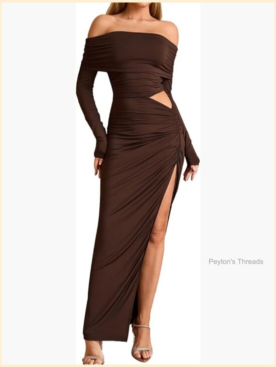Dresses & Skirts - Off Shoulder Long Sleeve Maxi Dress Ruched Bodycon Formal Wedding Guest